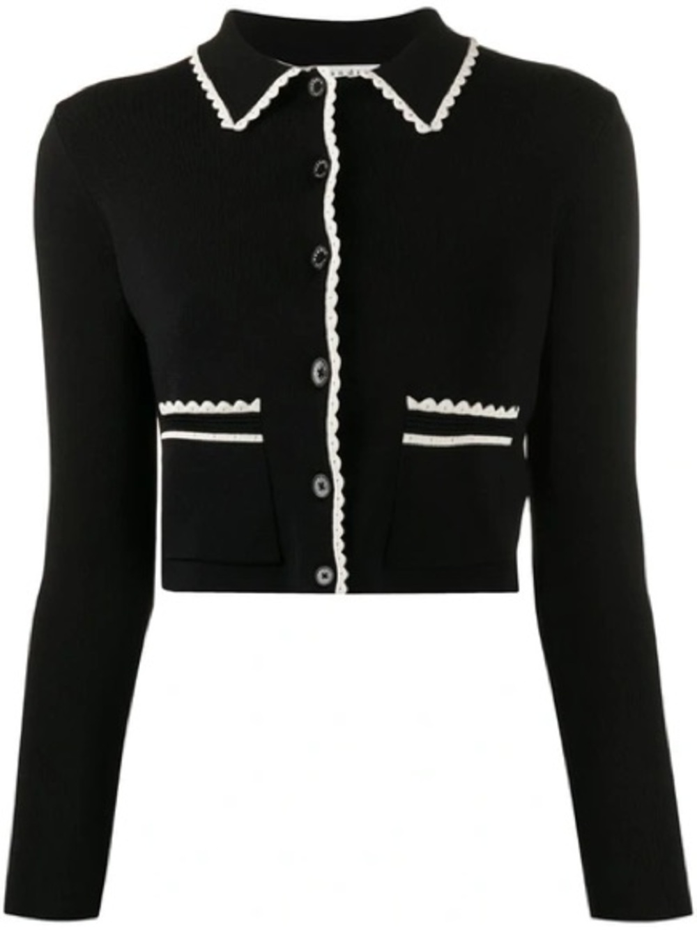 SANDRO LEANNA CROPPED SCALLOPED-TRIM Black Cropped Cardigan White Trim SZ 1 - Picture 11 of 11